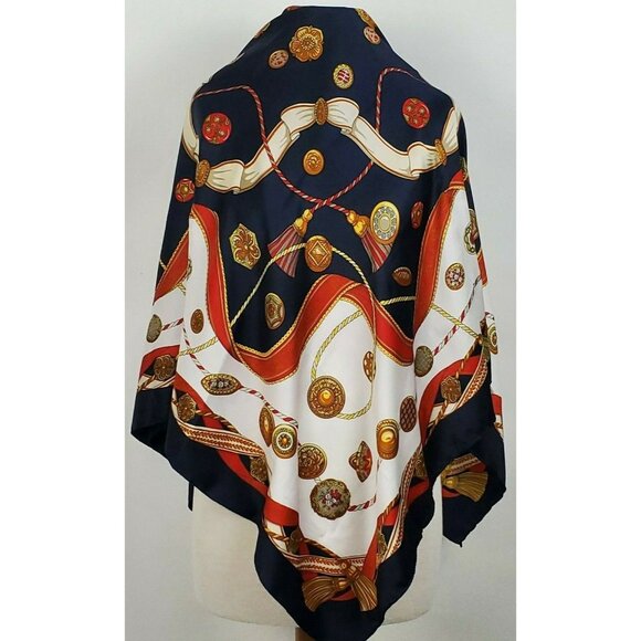 Italian Blue Framed Scarf Wrap Medallions Tassels 44" Square Vintage Polyester - Picture 4 of 11